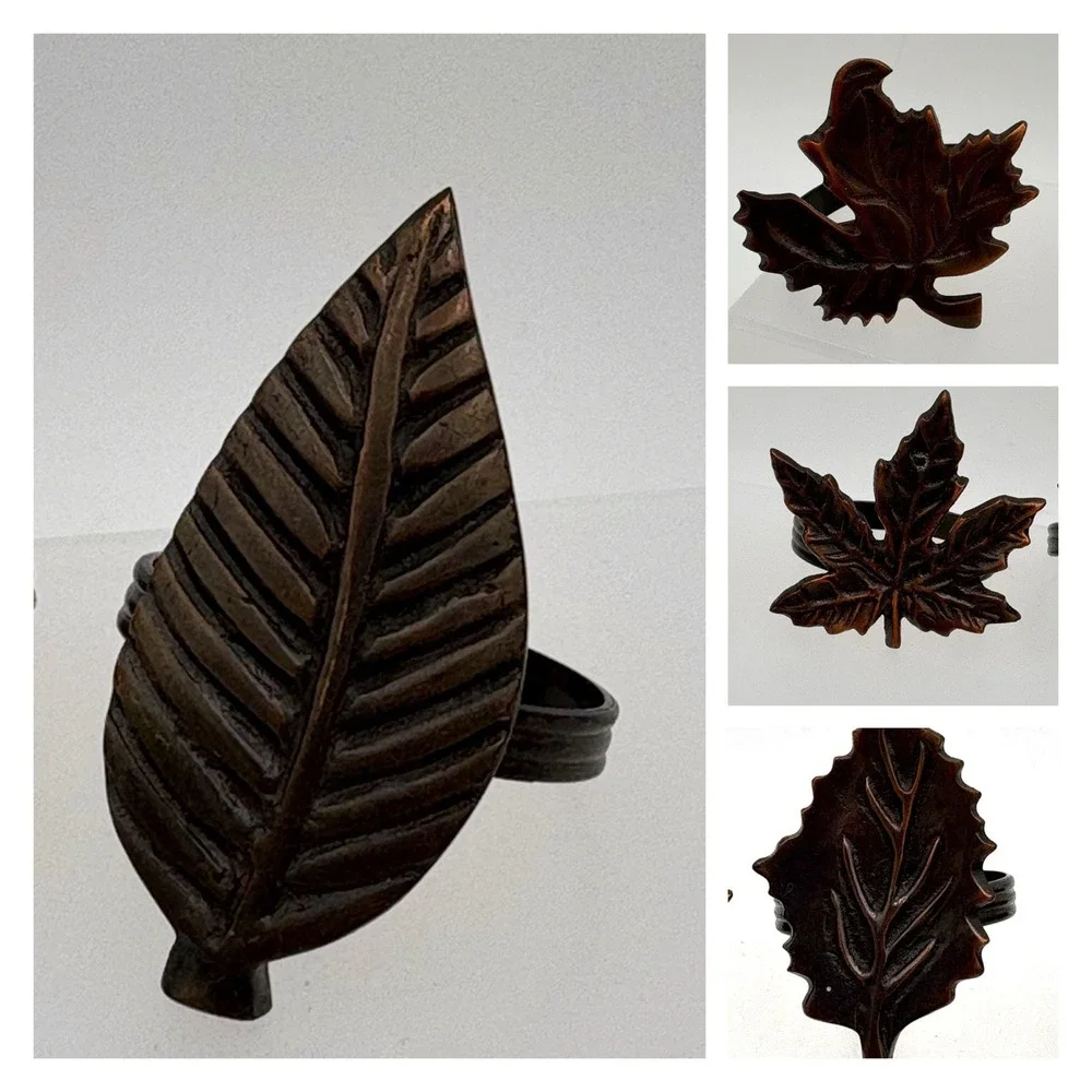 Set of 4 Metal Leaf Napkin Rings Autumn‎ Fall Table Decor Brown Bronze Finish